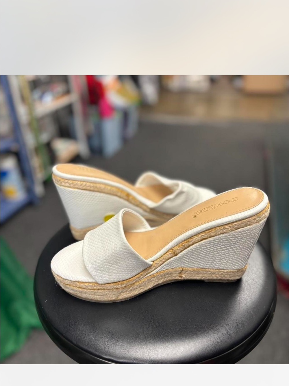 Shoe Dazzle White Espadrille Wedge Slides